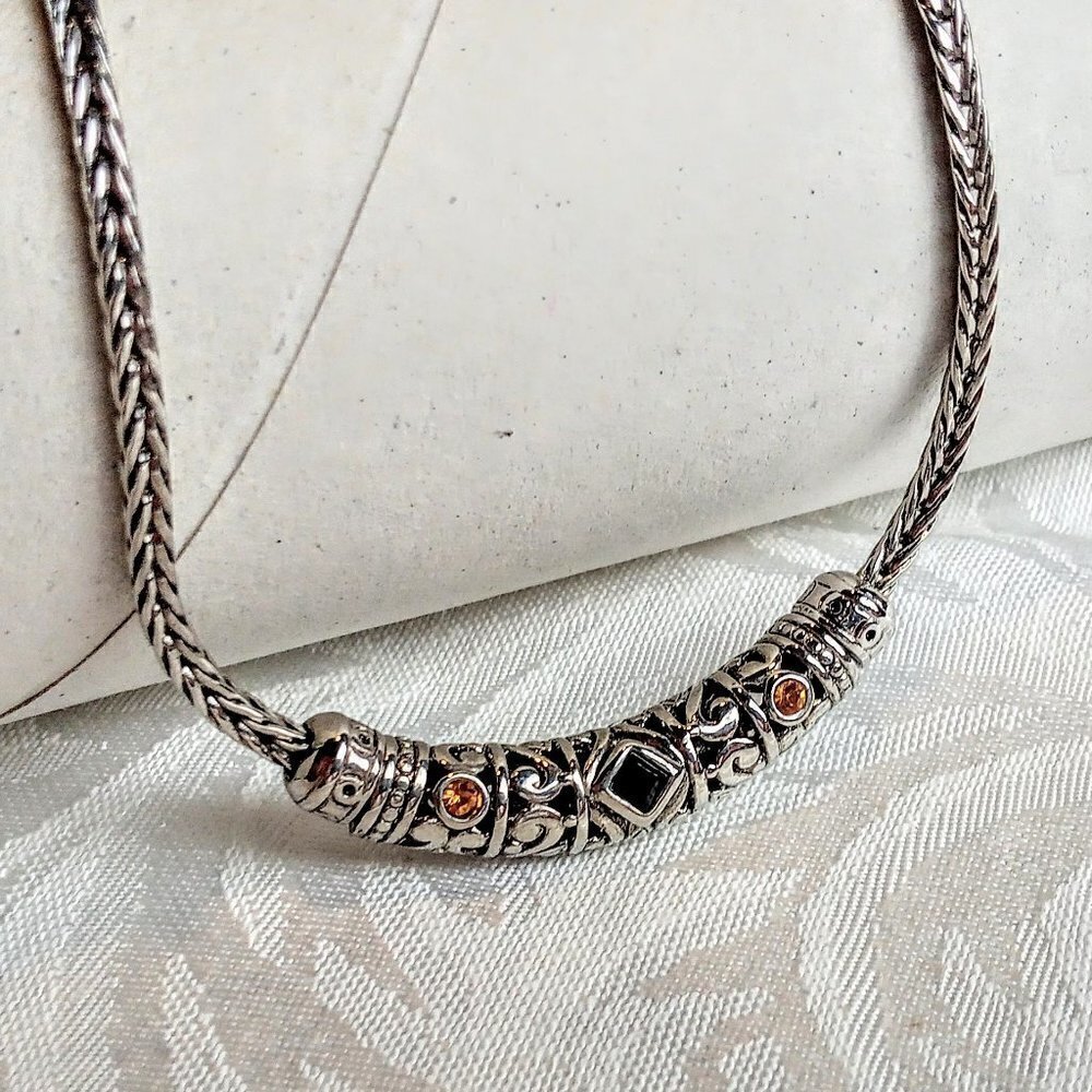 Silver Yellow Stone Filigree Bar Pendant Necklace
